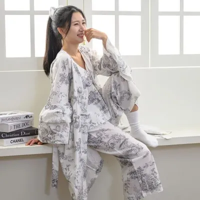 해피니 잠옷 디오레 여성용 긴팔 로브 (L) (그레이) 파자마 여성 홈웨어