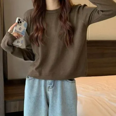 여성 라운드넥 긴팔 니트 티셔츠 가을 데일리 긴팔티 홈웨어 룩