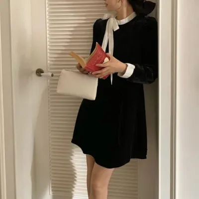 벨벳 리본 원피스 미니 블랙 페미닌 겨울 연말룩 하객룩 여성원피스