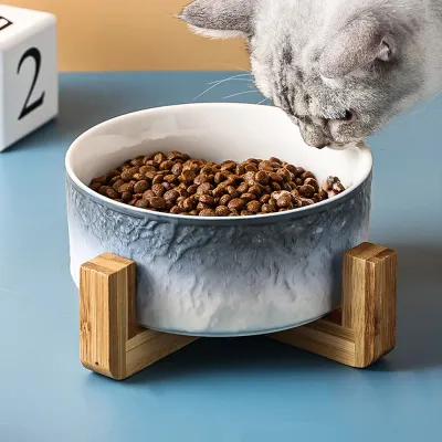 반려동물 우드받침 도자기식기(16cm) 강아지밥그릇