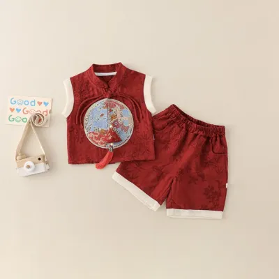남자아기돌옷 여름 아기 세트 얇은 첫돌 아기 빨간색 예복 투피스 아동 당복 중국풍 단오 의