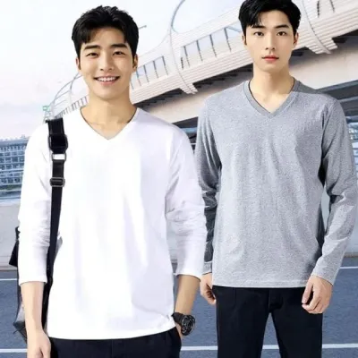 남성 긴팔 브이넥 면 티셔츠 무지 레이어드 이너웨어