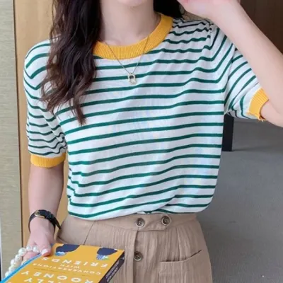 여성 여름 단가라 라운드넥 반팔 니트 그린 배색 티셔츠