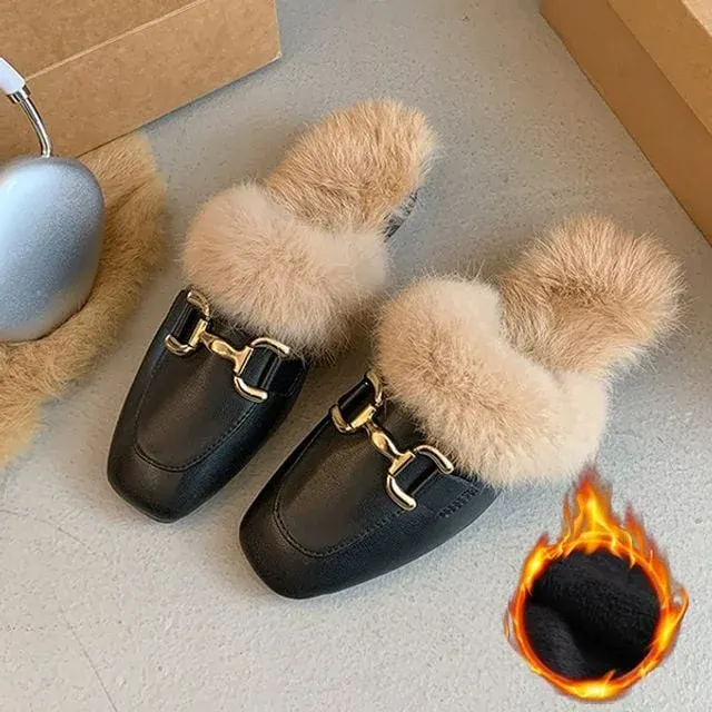 여성 겨울 골드버클 퍼 안감 기모 털 로퍼 블로퍼