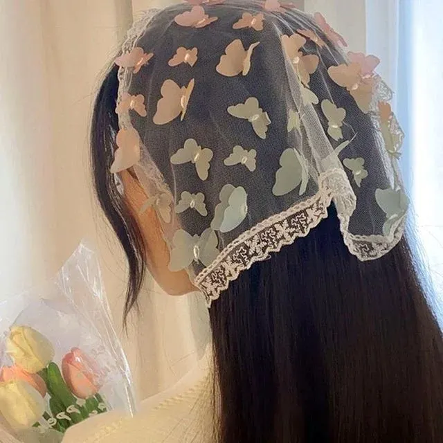 레이스 나비패턴 두건 여성용스카프 패션 헤어밴드