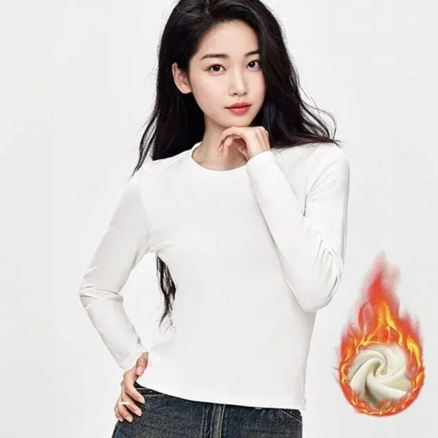 여성 기모 긴팔티 슬림핏 면 티셔츠 세미크롭 스판 상의