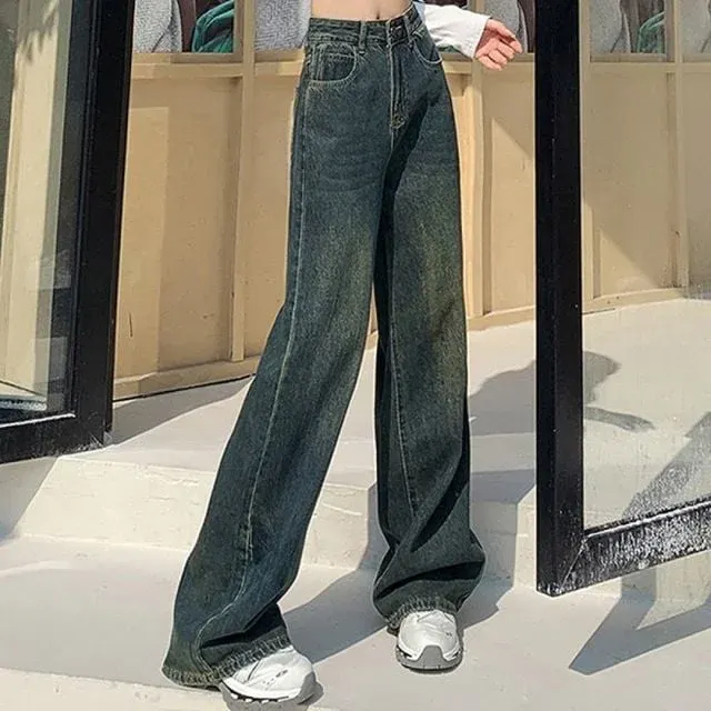 빈티지 레트로 여성 롱라인 데님팬츠