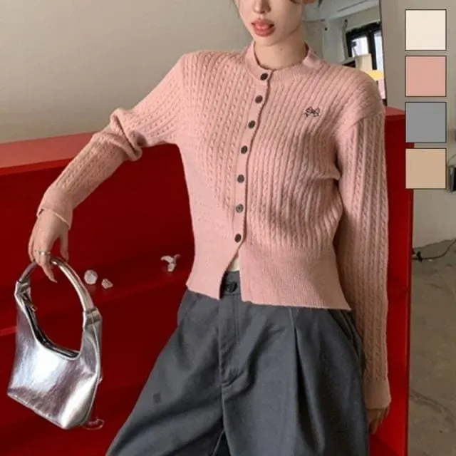 꽈배기 가디건 리본 자수 니트 클래식 짜임 긴팔 아우터