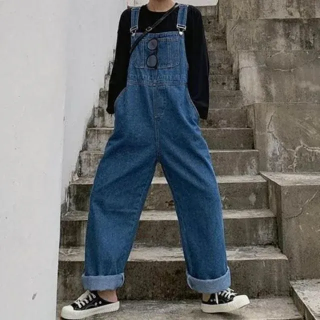 점프수트 데님 멜빵 바지 와이드핏 여성 오버롤 멜빵바지