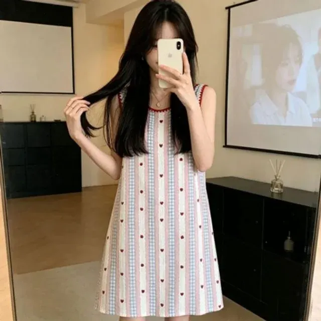 여성 여름 잠옷 라인 하트 원피스 파자마 민소매 홈웨어