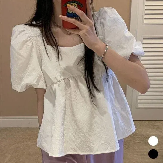 여자 입체 패턴 스퀘어 반팔 블라우스 여성 셔츠