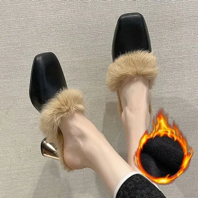 여성 겨울 퍼 트리밍 기모 메탈굽 힐 블로퍼 뮬