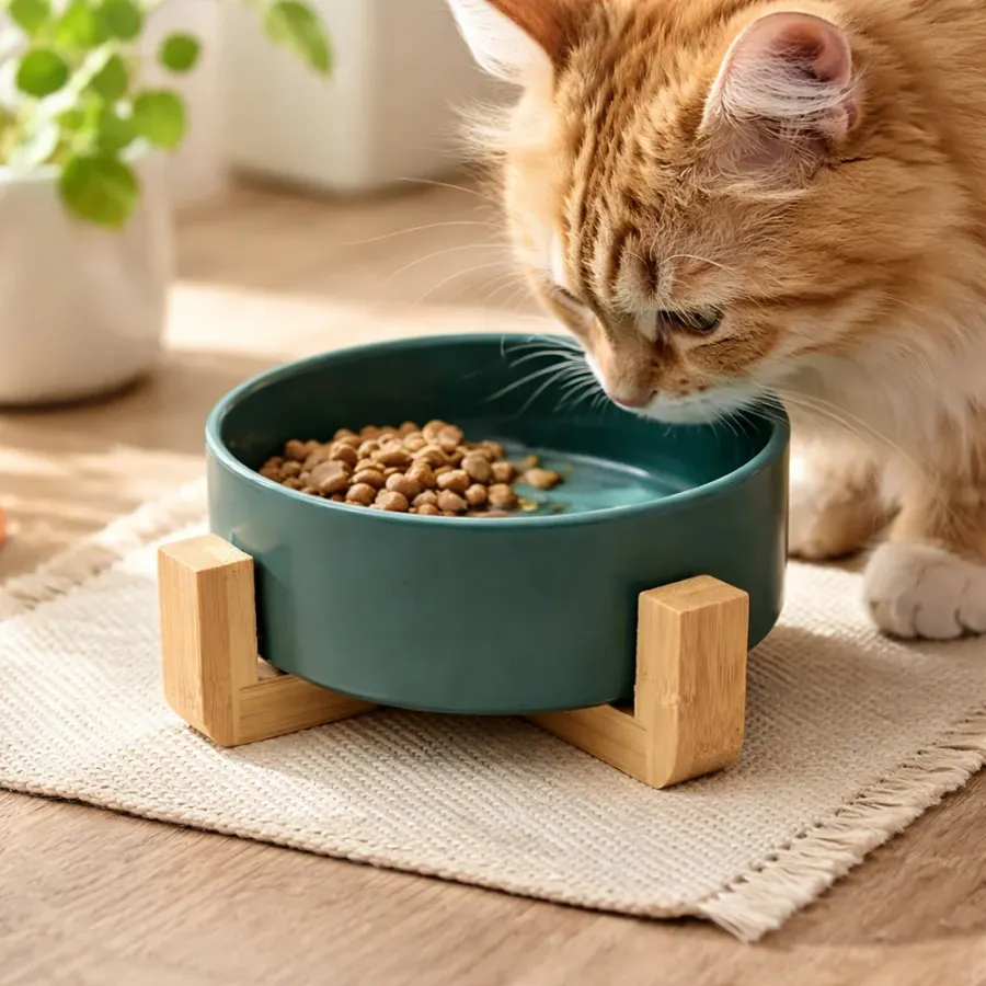 반려동물 우드받침 도자기식기 강아지 고양이 밥그릇