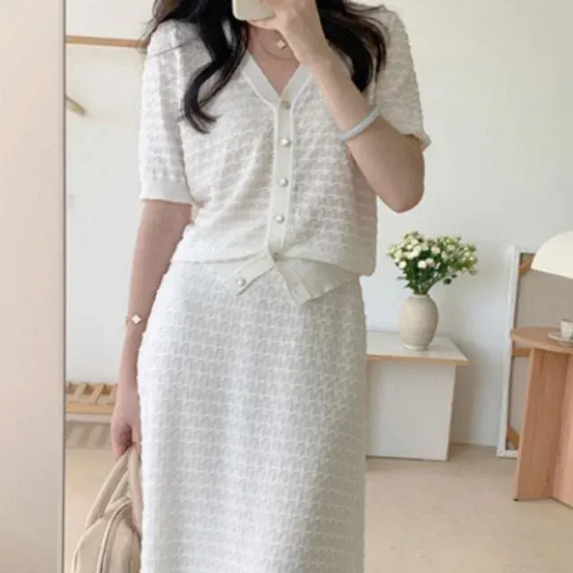 여성 여름 치마 페미닌 반팔 가디건 롱스커트 세트