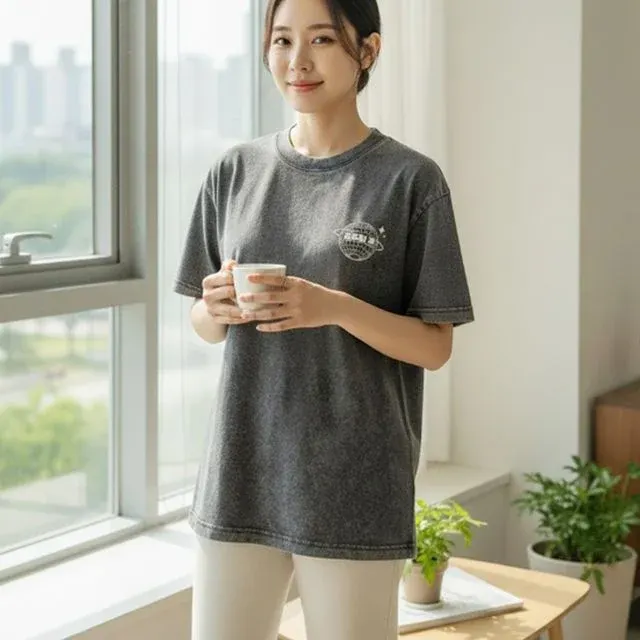 플레닛 오버핏 여름 반팔 빈티지 워싱 박시핏 워싱 티셔츠