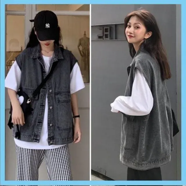 블랙 청조끼 여성 오버핏 조끼 체형커버
