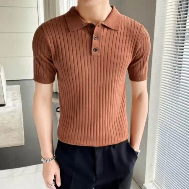 여름 모던 골지 카라넥 반팔 티셔츠 남성 내추럴 반소매 데일리룩