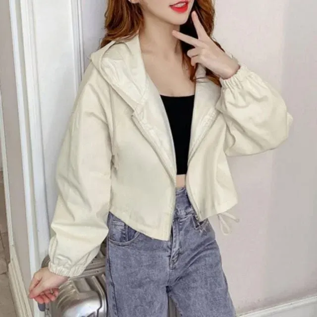 여성 후드 크롭 점퍼 루즈핏 무지 바람막이 집업 아우터