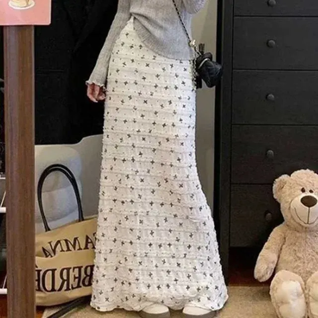 여성 플라워 자수 레이스 롱스커트 머메이드 H라인 밴딩 맥시스커트 데일리 치마