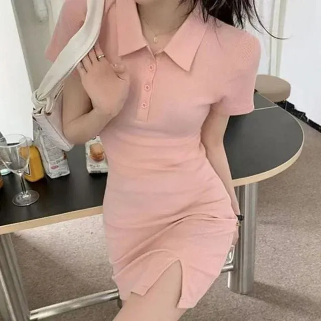 카라 옆트임 반팔 미니 원피스 스판 캐주얼 여름