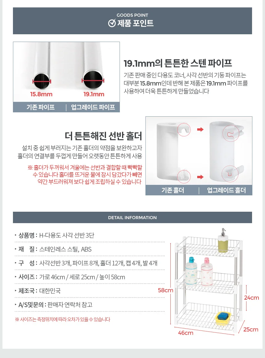 H-다용도사각선반 3단 욕실 스텐틈새 렉 스탠드 수납 상세3