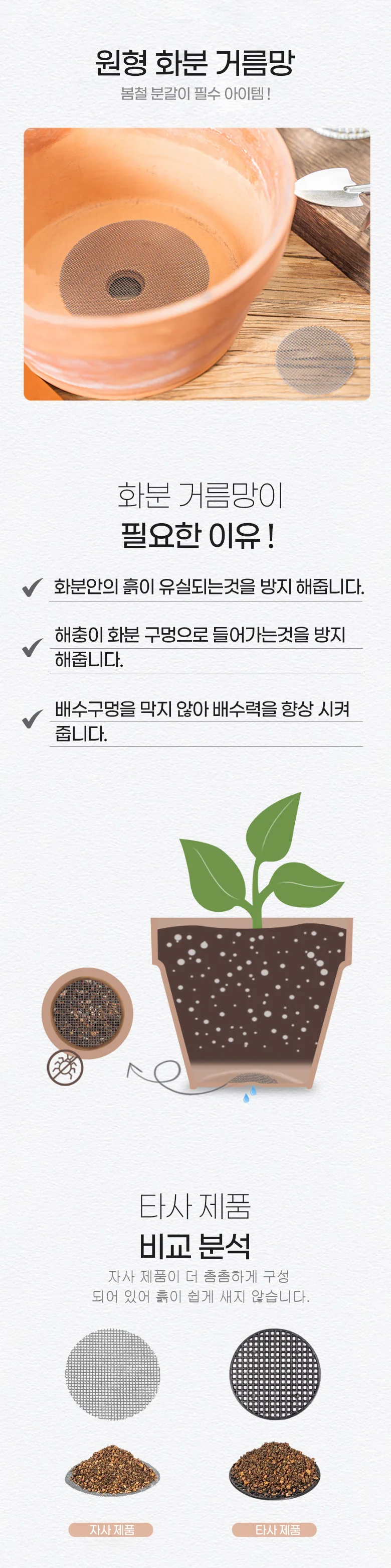 화분 배수망 부드러운 깔망 원형 거름망 50개입 5cm 상세2