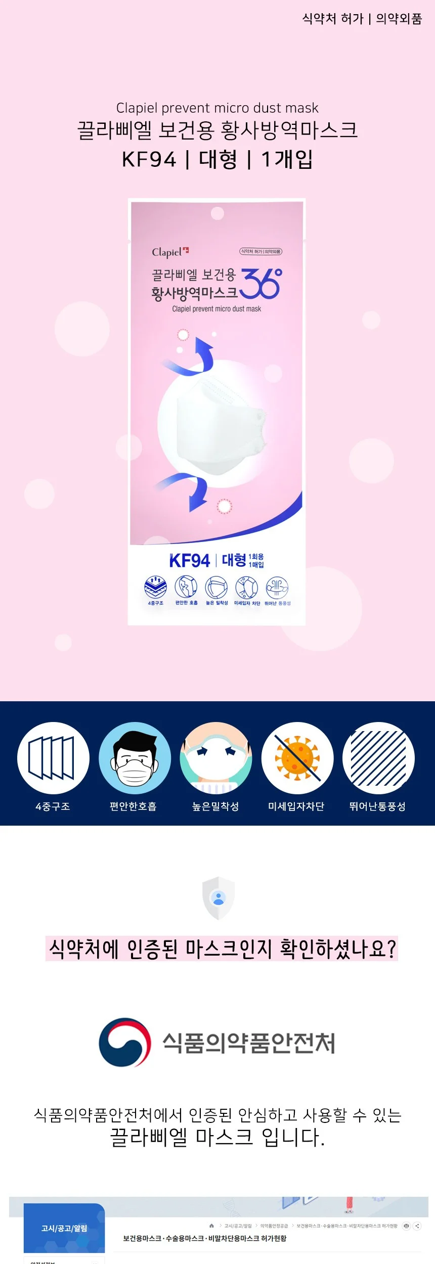 끌라삐엘 마스크 대형 1매 kf94마스크 마스크kf94 일회용마스크 비말차단마스크 상세2