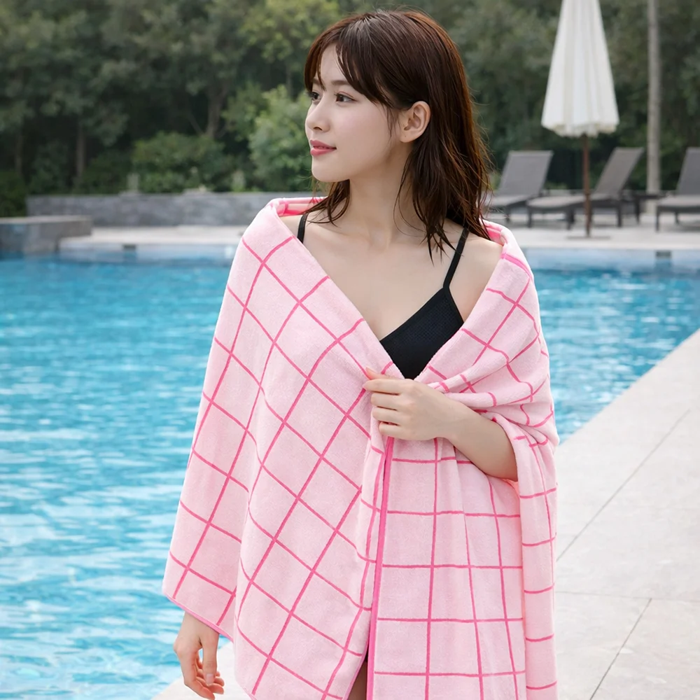 뽀송데이 30수 코튼 바스타월 70x140cm 체크 핑크