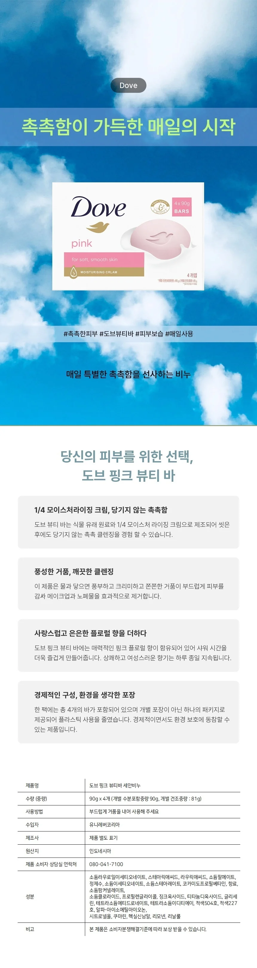 도브 핑크 뷰티바 세안비누 90g x 4개 상세2