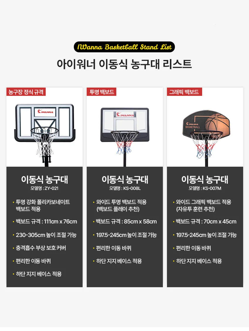 아이워너 이동식 높이조절 농구대 투명 백보드 상세3
