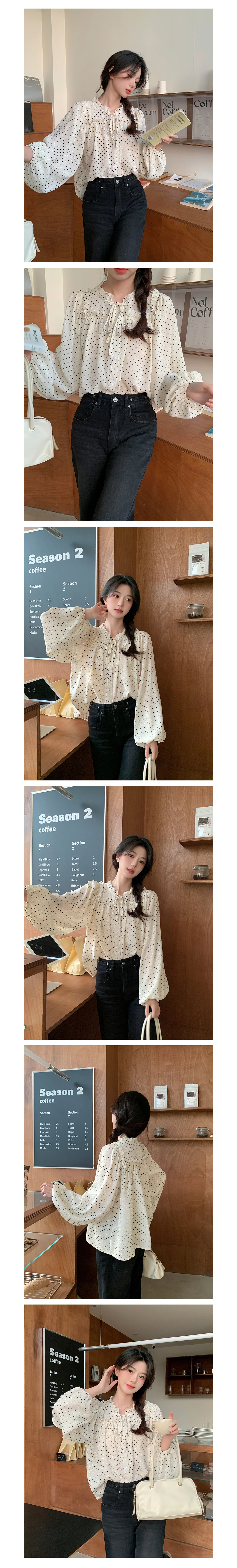 도트 리본 프릴 퍼프 소매 긴팔 봄 블라우스 도트블라우스 땡땡이블라우스 상세1