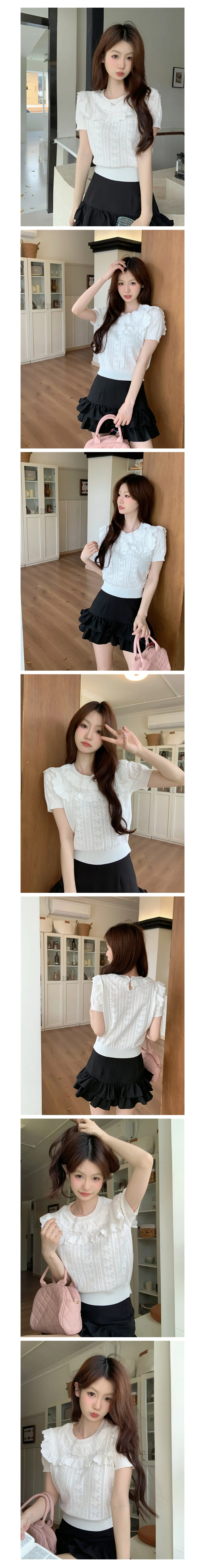 프릴 여성 니트티 반팔 레이스 블라우스 여름 상의 상세3