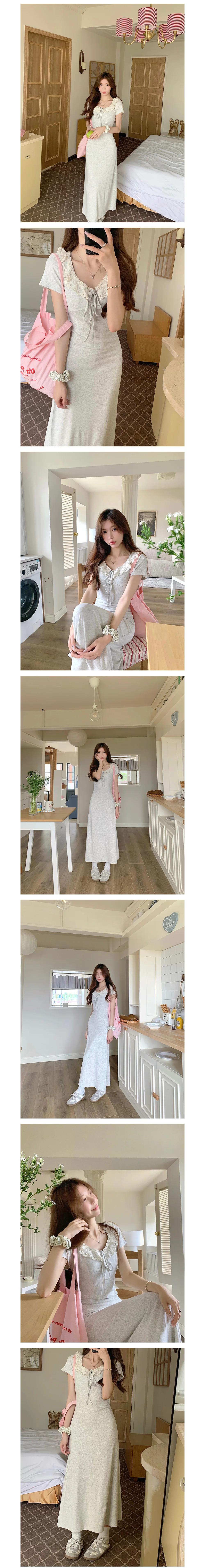 레이스 카라 롱 원피스 캐주얼 휴가룩 면원피스 반팔 시원한 상세2