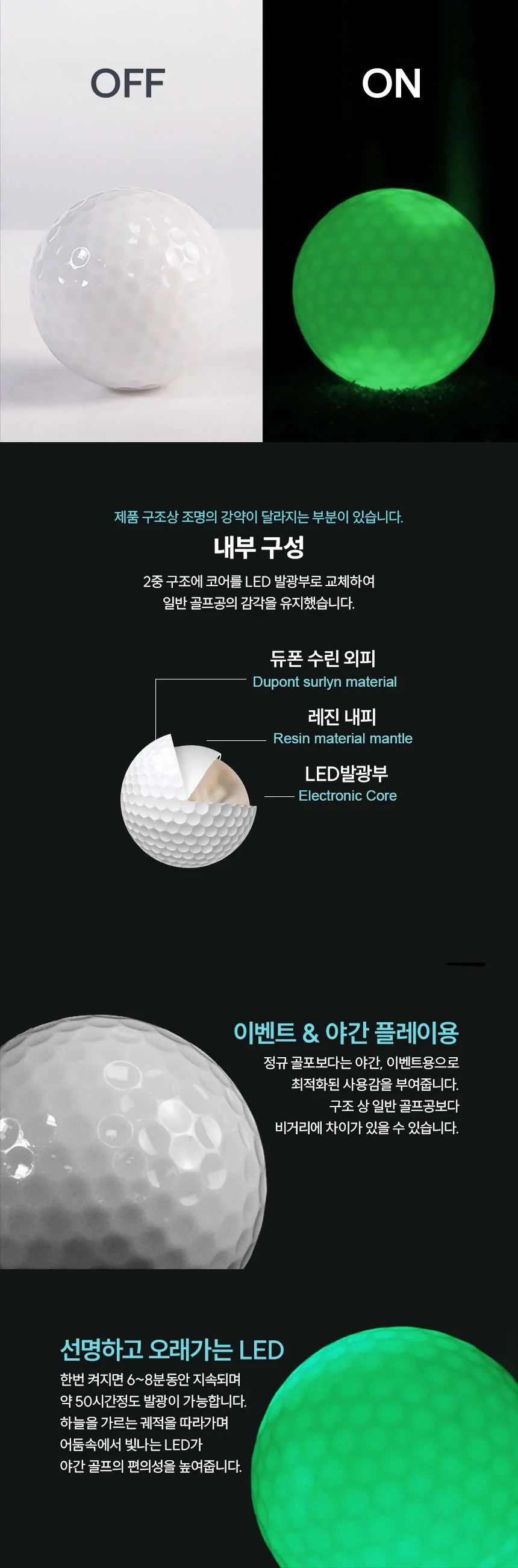 발광 LED 골프 볼 야광 라운딩 야간 골프공 컬러 상세4