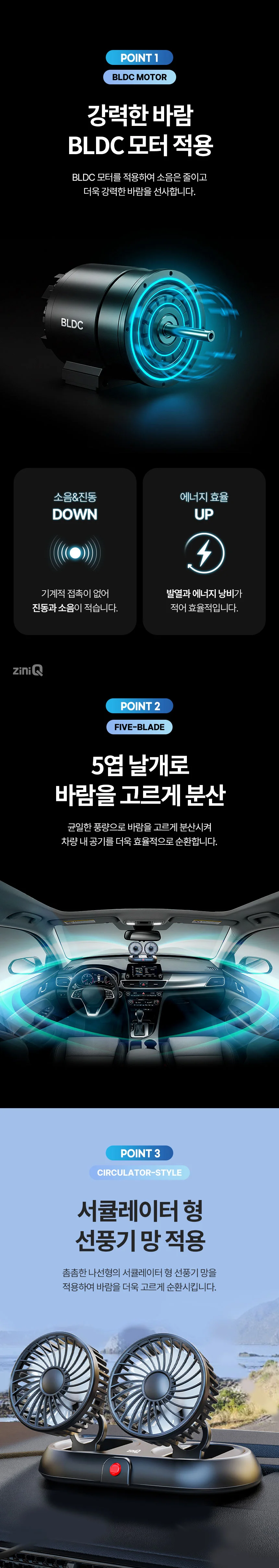 USB타입 듀얼차량용선풍기 3단풍량5엽날개 써큘레이터 0413 상세3