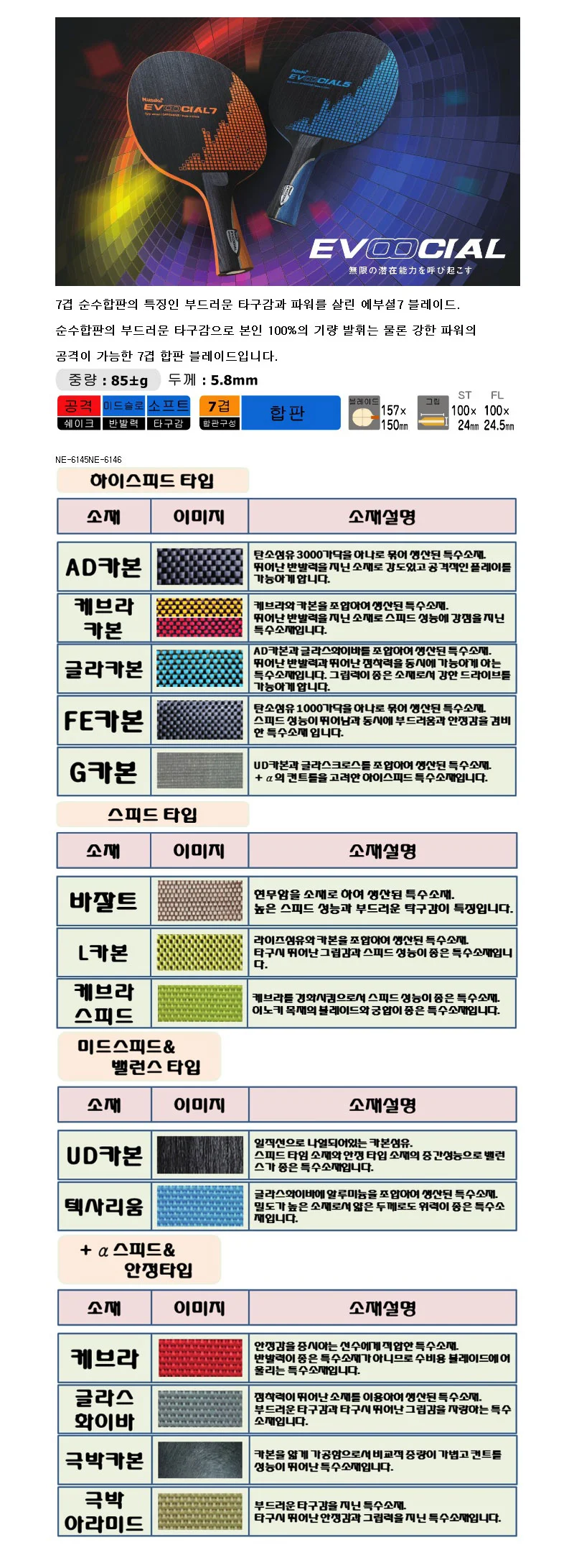 닛타쿠 에부셜7 탁구라켓 쉐이크핸드 7겹 블레이드 상세2