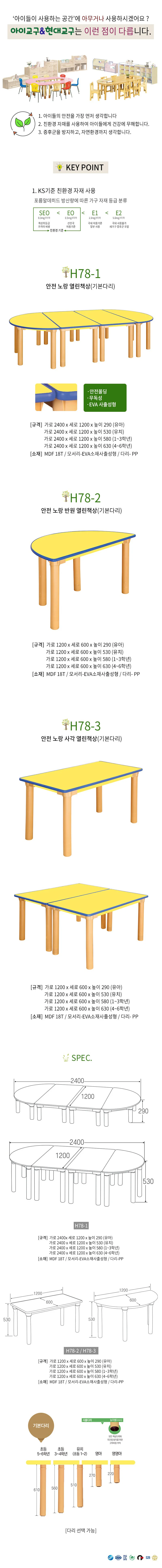 노랑 책상 기본다리 630mm 라운드책상 원목책상 오픈형책상 상세1