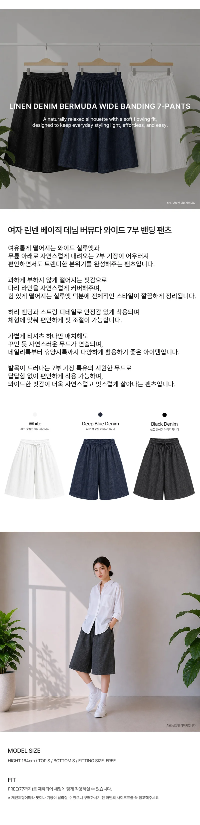 AGG 1006W 여자 린넨 베이직 데님 버뮤다 와이드 7부 밴딩 팬츠 상세1