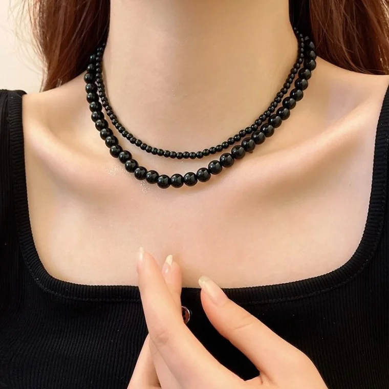 크리스탈 써지컬 유리 목걸이 원석 진주 블랙 레드 4mm 6mm 8mm