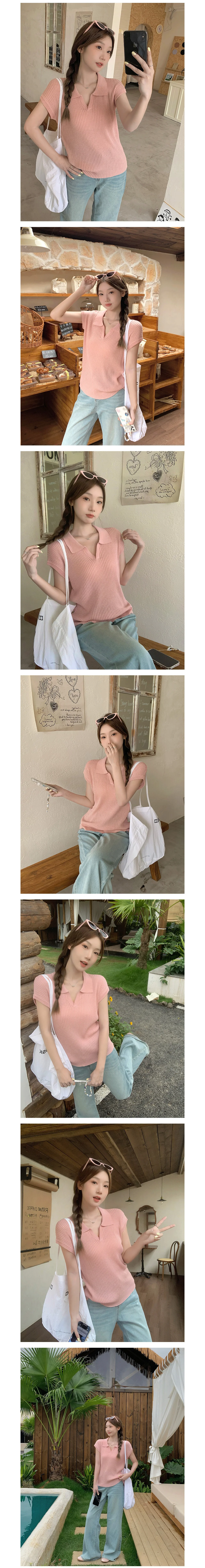 브이넥 골지 카라 니트 크롭 여름 얇은 반팔 데일리 상세1