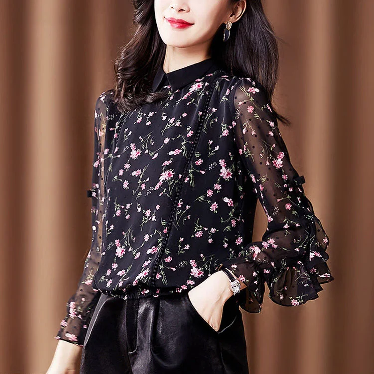 블랙 시스루 블라우스 꽃무늬 쉬폰 셔츠 여성 긴팔 상의 상세2