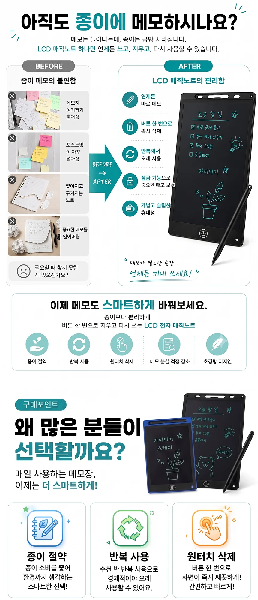 8.5인치 / 12인치 LCD 매직노트 전자 칠판 노트 메모 패드 그림판 보드 상세2