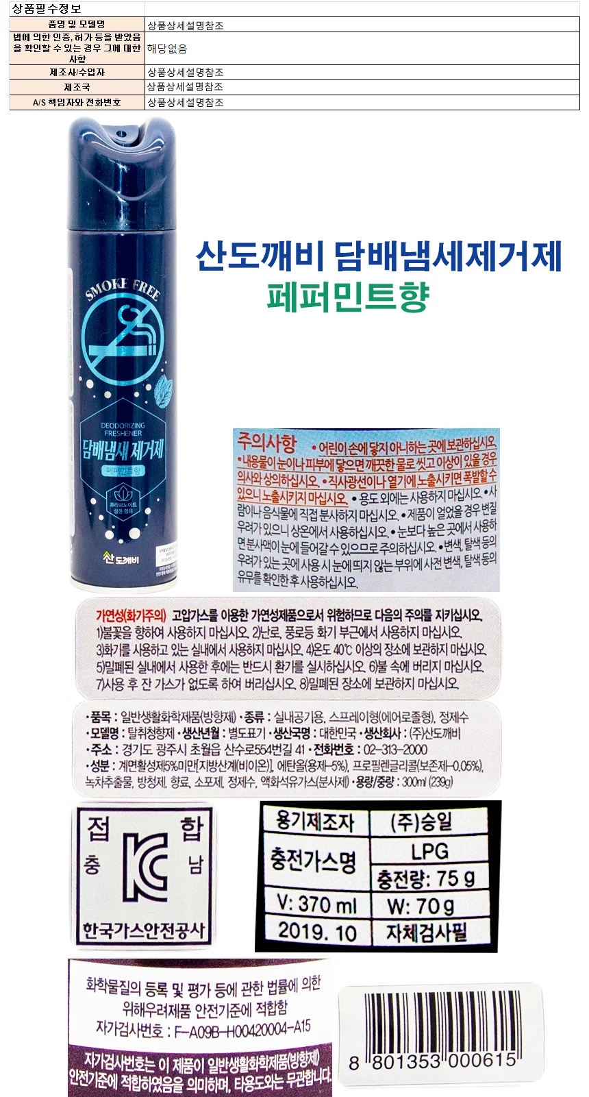 산도개비 담배냄세제거제 300ml-페퍼민트향 상세1