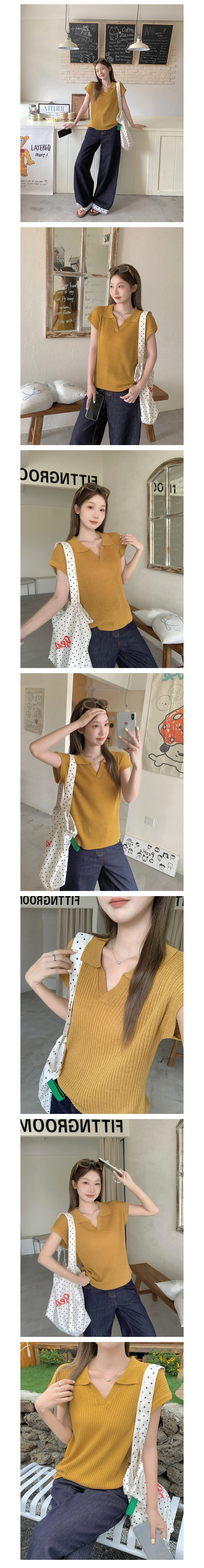 브이넥 골지 카라 니트 크롭 여름 얇은 반팔 데일리 상세3