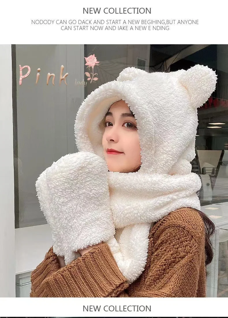 북극곰 양털모자 겨울모자 방한 보온 귀도리 일체형후드 장갑 상세2