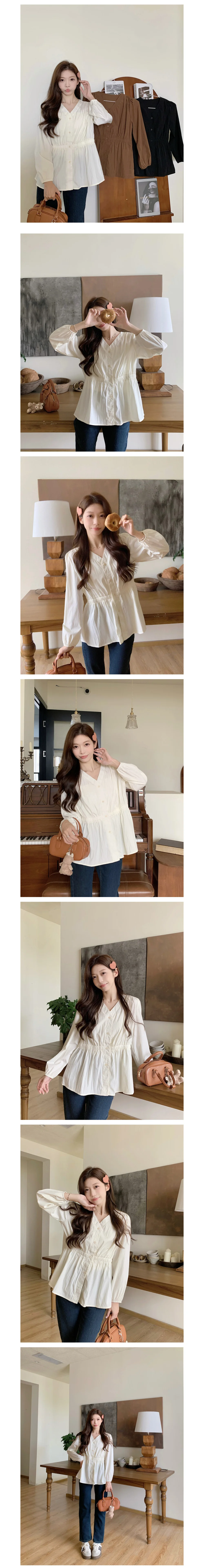 브이넥 긴팔 블라우스 여성 가을 밴딩 셔츠 베이직 데일리룩 상세1