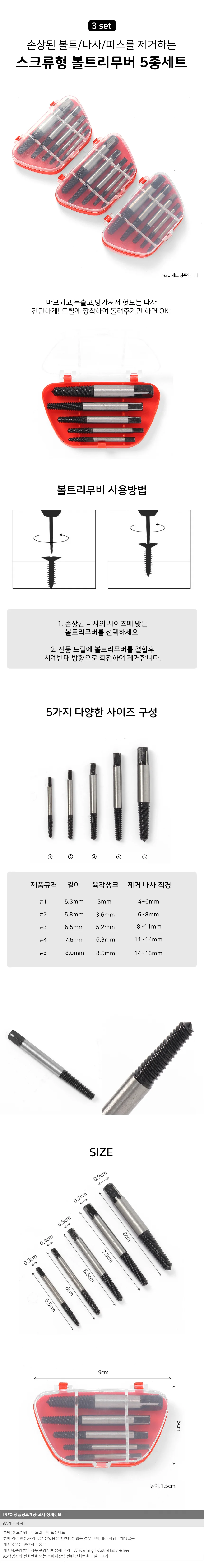 5종 스크류 볼트리무버 드릴비트 나사제거 히다리탭 상세1