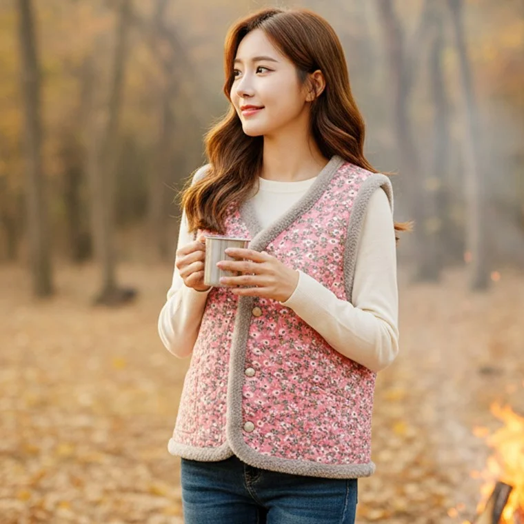 겨울 융털 누빔 조끼 김장 꽃무늬 레트로 방한 보온 조끼 M9