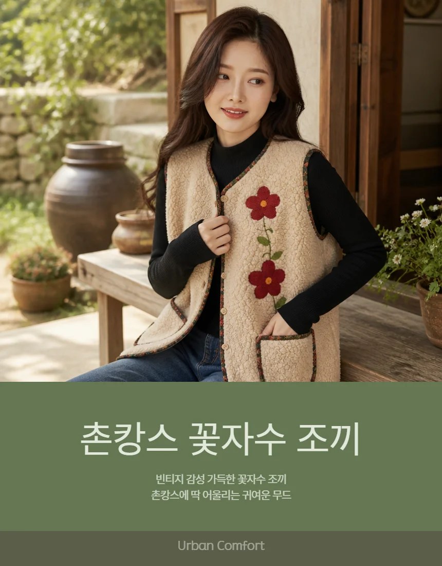 뽀글이 꽃무늬자수 김장조끼 할머니조끼 촌캉스조끼 상세1