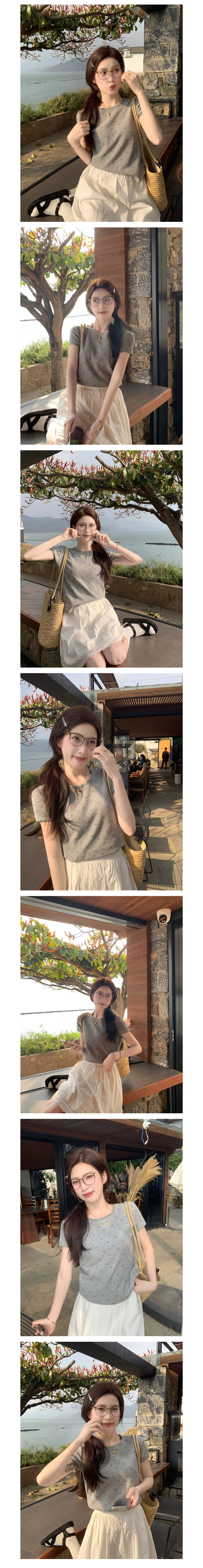 플라워 프릴 반팔 니트 슬림한 기본 여름 얇은 데일리 상세2